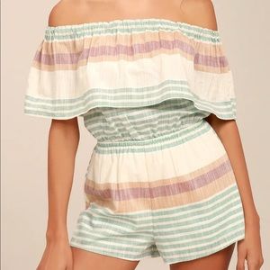 O’Neill Pearce Ruffled Romper Beige Striped Off the Shoulder Woven Cotton EUC